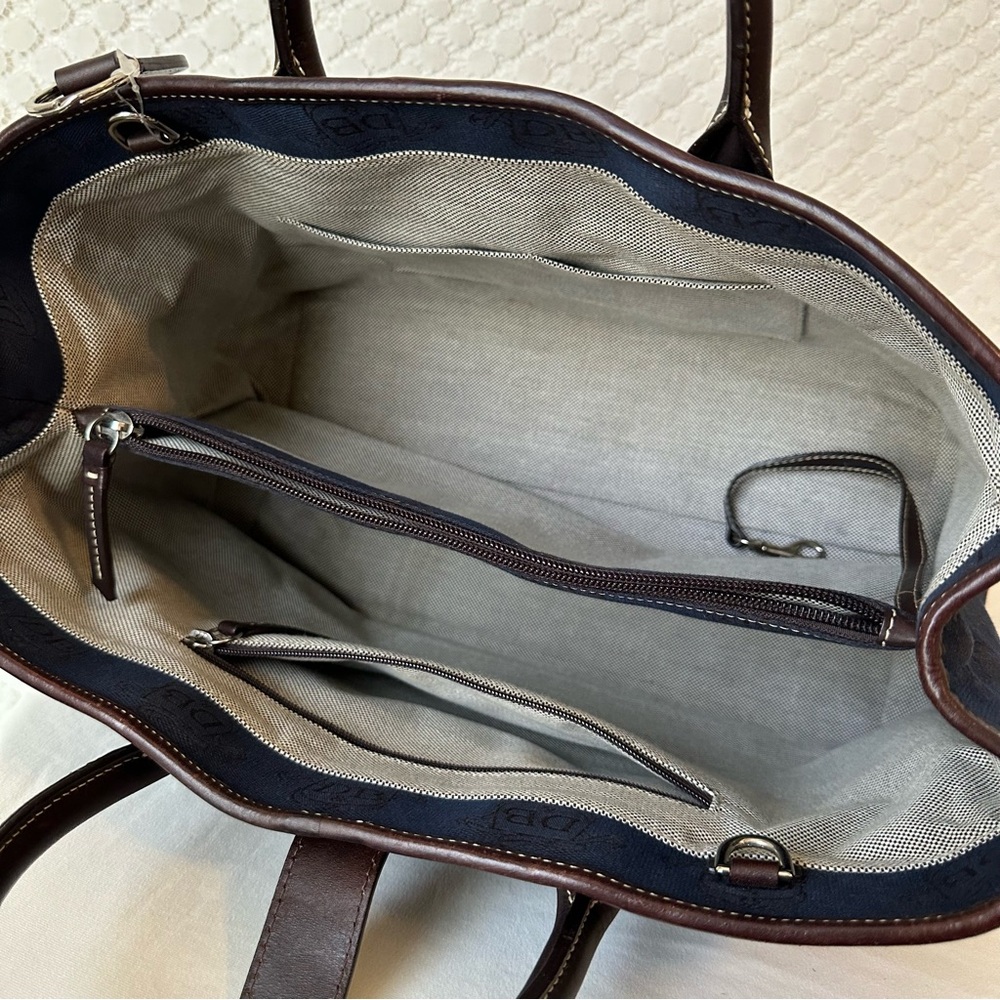 Dooney & Bourke Canvas Signature Double Handle Tote Leather Navy Blue Brown - Picture 6 of 9